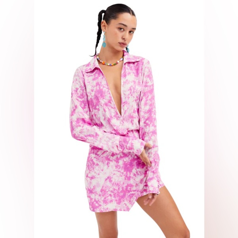For Love And Lemons Devon Shirt Dress- Pink and White Tie-Dye// Size XS